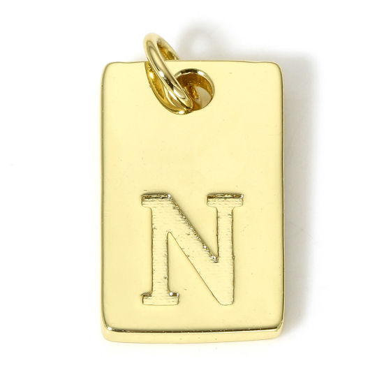Picture of 1 Piece Brass Charms 18K Real Gold Plated Rectangle Initial Alphabet/ Capital Letter Message " N " 19mm x 10mm                                                                                                                                                