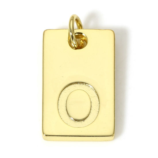 Picture of 1 Piece Brass Charms 18K Real Gold Plated Rectangle Initial Alphabet/ Capital Letter Message " O " 19mm x 10mm                                                                                                                                                