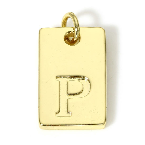 Picture of 1 Piece Brass Charms 18K Real Gold Plated Rectangle Initial Alphabet/ Capital Letter Message " P " 19mm x 10mm                                                                                                                                                