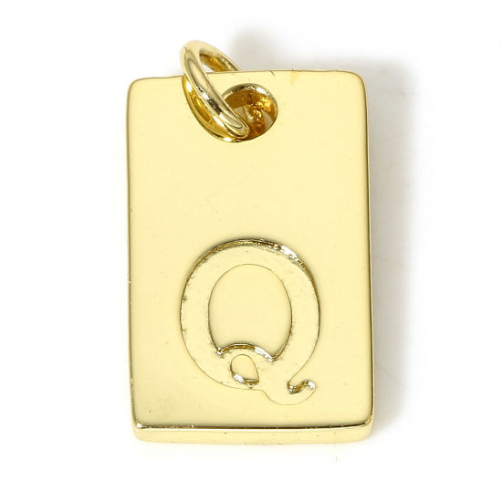 Picture of 1 Piece Brass Charms 18K Real Gold Plated Rectangle Initial Alphabet/ Capital Letter Message " Q " 19mm x 10mm                                                                                                                                                