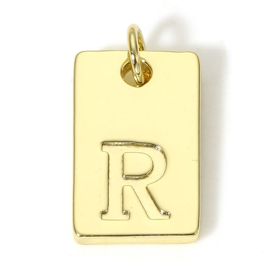Picture of 1 Piece Brass Charms 18K Real Gold Plated Rectangle Initial Alphabet/ Capital Letter Message " R " 19mm x 10mm                                                                                                                                                
