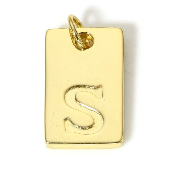 Picture of 1 Piece Brass Charms 18K Real Gold Plated Rectangle Initial Alphabet/ Capital Letter Message " S " 19mm x 10mm                                                                                                                                                