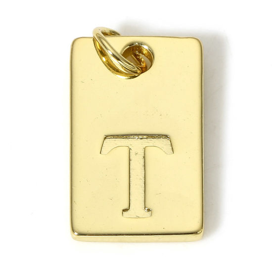 Picture of 1 Piece Brass Charms 18K Real Gold Plated Rectangle Initial Alphabet/ Capital Letter Message " T " 19mm x 10mm                                                                                                                                                