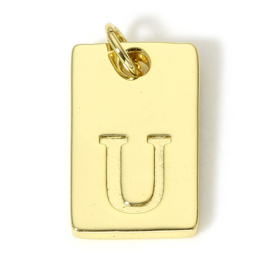 Picture of 1 Piece Brass Charms 18K Real Gold Plated Rectangle Initial Alphabet/ Capital Letter Message " U " 19mm x 10mm                                                                                                                                                
