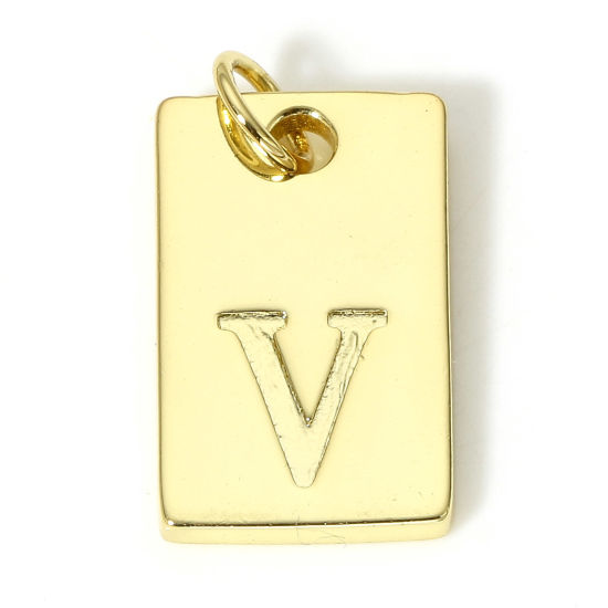 Picture of 1 Piece Brass Charms 18K Real Gold Plated Rectangle Initial Alphabet/ Capital Letter Message " V " 19mm x 10mm                                                                                                                                                