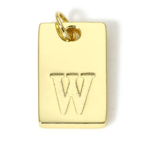 Picture of 1 Piece Brass Charms 18K Real Gold Plated Rectangle Initial Alphabet/ Capital Letter Message " W " 19mm x 10mm                                                                                                                                                