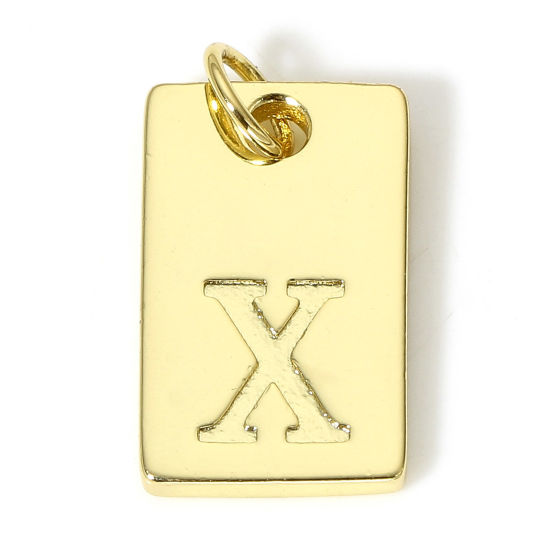 Picture of 1 Piece Brass Charms 18K Real Gold Plated Rectangle Initial Alphabet/ Capital Letter Message " X " 19mm x 10mm                                                                                                                                                