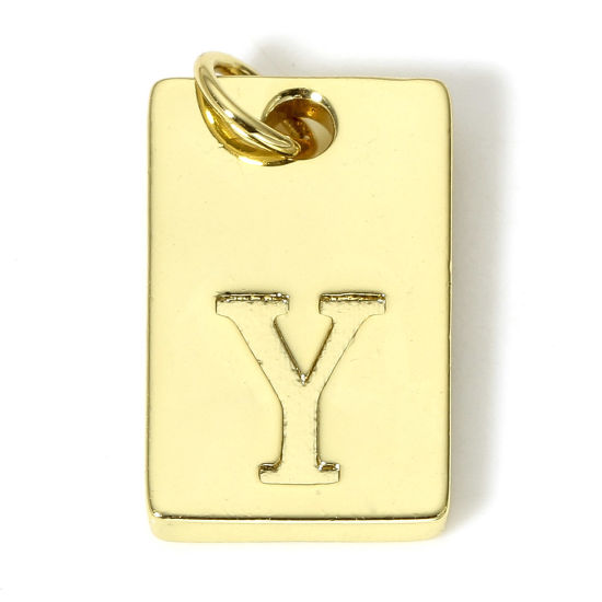 Picture of 1 Piece Brass Charms 18K Real Gold Plated Rectangle Initial Alphabet/ Capital Letter Message " Y " 19mm x 10mm                                                                                                                                                
