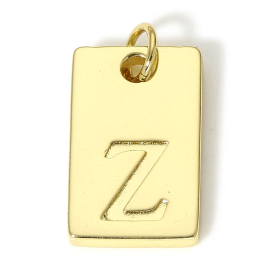 Picture of 1 Piece Brass Charms 18K Real Gold Plated Rectangle Initial Alphabet/ Capital Letter Message " Z " 19mm x 10mm                                                                                                                                                