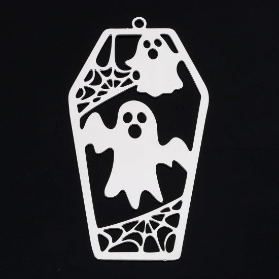 Picture of 5 PCs 304 Stainless Steel Pendants Silver Tone Coffin Halloween Ghost Filigree Stamping 4.9cm x 2.6cm