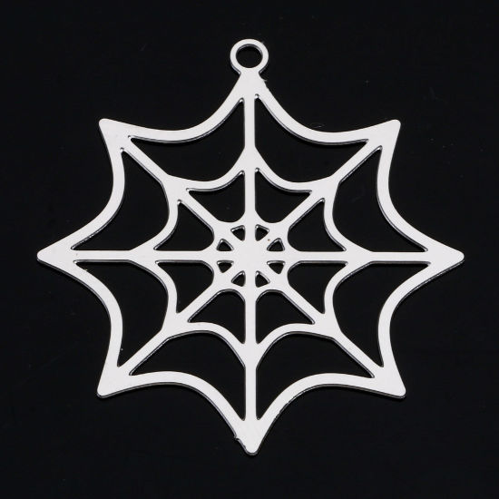 Picture of 5 PCs 304 Stainless Steel Pendants Silver Tone Halloween Cobweb Filigree Stamping 3.3cm x 3.1cm