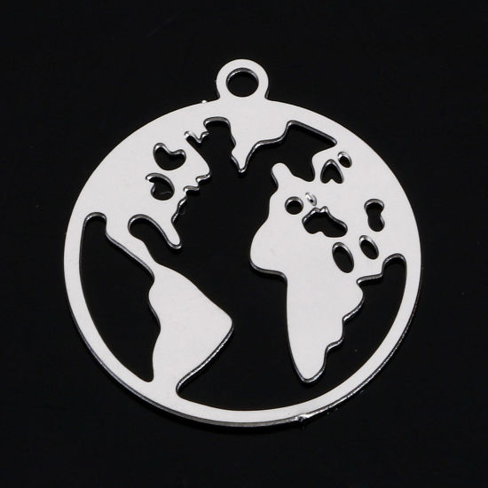 Picture of 5 PCs 304 Stainless Steel Pendants Silver Tone Round World Map Filigree Stamping 20mm x 18mm