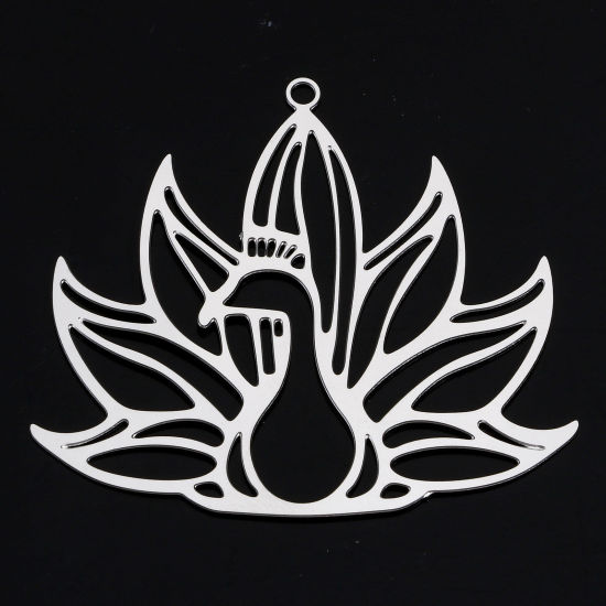 Picture of 5 PCs 304 Stainless Steel Pendants Silver Tone Peacock Animal Filigree Stamping 4cm x 3.5cm