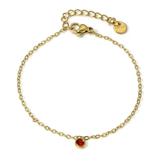 Picture of 1 Piece Eco-friendly Vacuum Plating 304 Stainless Steel Link Cable Chain Bracelets 18K Gold Color Red Rhinestone With Pendant 17cm(6 6/8") long