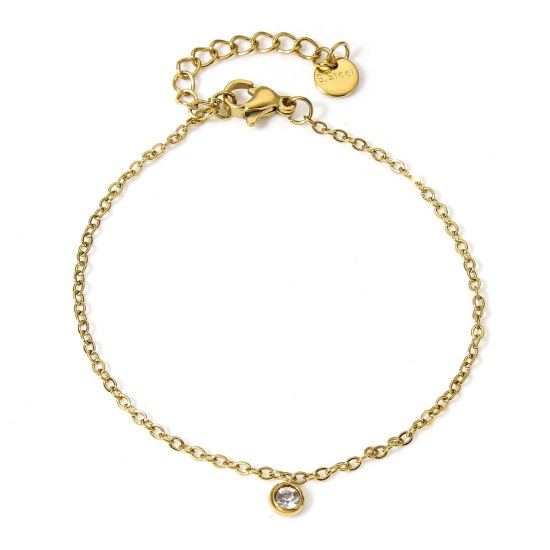 Picture of 1 Piece Eco-friendly Vacuum Plating 304 Stainless Steel Link Cable Chain Bracelets 18K Gold Color Clear Rhinestone With Pendant 17cm(6 6/8") long