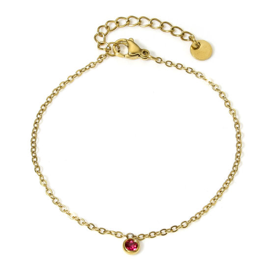 Picture of 1 Piece Eco-friendly Vacuum Plating 304 Stainless Steel Link Cable Chain Bracelets 18K Gold Color Fuchsia Rhinestone With Pendant 17cm(6 6/8") long