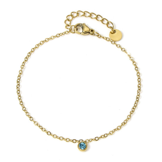 Picture of 1 Piece Eco-friendly Vacuum Plating 304 Stainless Steel Link Cable Chain Bracelets 18K Gold Color Lake Blue Rhinestone With Pendant 17cm(6 6/8") long
