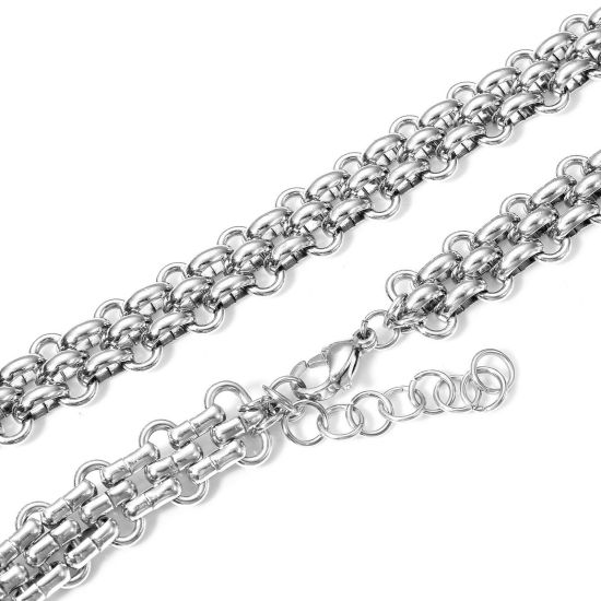 Picture of 1 Piece Eco-friendly Vacuum Plating 304 Stainless Steel Handmade Link Chain Necklace For DIY Jewelry Making Silver Tone With Lobster Claw Clasp And Extender Chain 40cm(15 6/8") long, Chain Size: 13mm