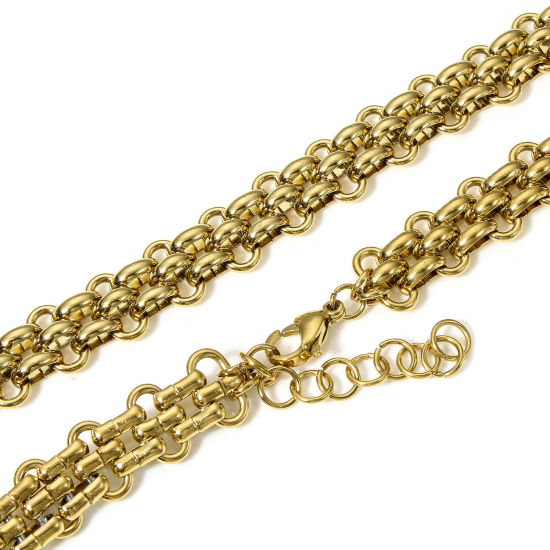 Picture of 1 Piece Eco-friendly Vacuum Plating 304 Stainless Steel Handmade Link Chain Necklace For DIY Jewelry Making 18K Gold Color With Lobster Claw Clasp And Extender Chain 40cm(15 6/8") long, Chain Size: 13mm