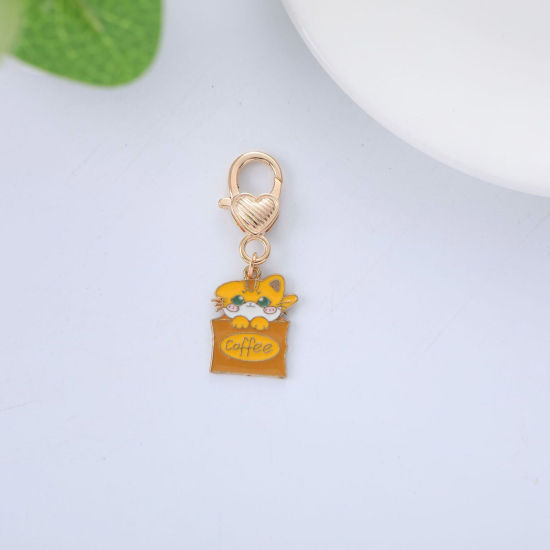 Picture of 1 Piece Cute Keychain & Keyring Gold Plated Cup Cat Enamel 5cm x 1.7cm