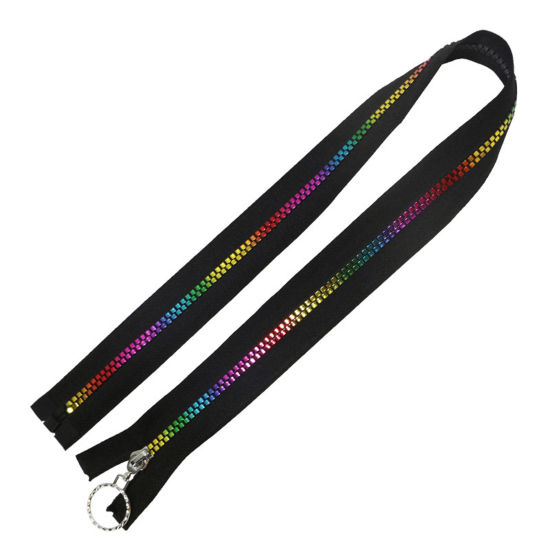 Picture of 1 Piece 5# Single Open Tail Zipper Resin Zipper For Tailor Sewing Craft Black Rainbow Color Plated Square 40cm