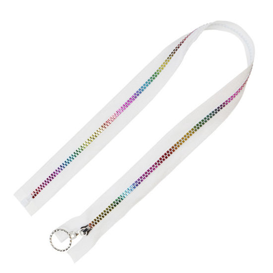 Picture of 1 Piece 5# Single Open Tail Zipper Resin Zipper For Tailor Sewing Craft White Rainbow Color Plated Square 40cm