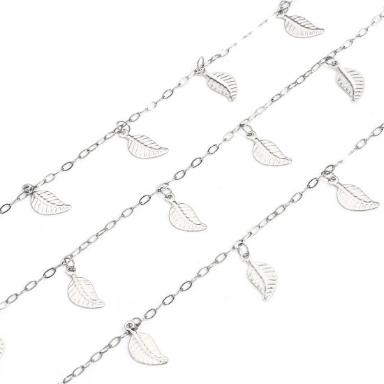 Immagine di 1 M 304 Acciaio Inossidabile Cavo Catena Per Risultati di Creazione di Gioielli Fai-da-te Fatti a Mano Foglia goffratura Tono Argento Con Ciondolo 1.5mm