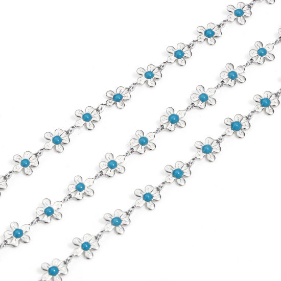 Image de 1 M Chaîne à Maillons Faite à la MainAccessoires pour la Fabrication de Bijoux Faits à la Main en 304 Acier Inoxydable Fleur Argent Mat Bleu Lac 6mm