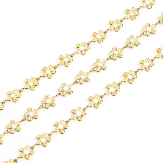Picture of 1 M Vacuum Plating 304 Stainless Steel Handmade Link Chain For Handmade DIY Jewelry Making Findings Flower 18K Gold Plated White 6mm