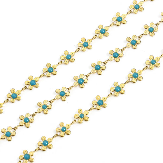 Picture of 1 M 304 Stainless Steel Handmade Link Chain For Handmade DIY Jewelry Making Findings Flower 18K Gold Color Lake Blue 6mm