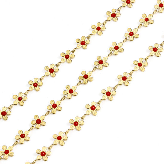 Picture of 1 M Vacuum Plating 304 Stainless Steel Handmade Link Chain For Handmade DIY Jewelry Making Findings Flower 18K Gold Plated Red 6mm