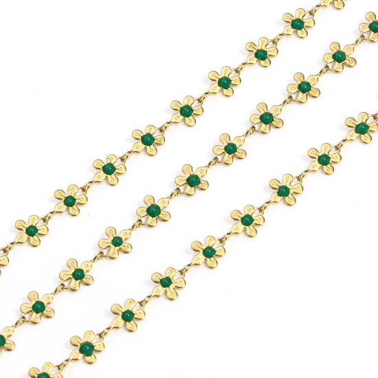 Picture of 1 M Vacuum Plating 304 Stainless Steel Handmade Link Chain For Handmade DIY Jewelry Making Findings Flower 18K Gold Plated Green 6mm