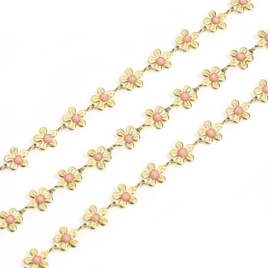 Picture of 1 M 304 Stainless Steel Handmade Link Chain For Handmade DIY Jewelry Making Findings Flower 18K Gold Color Pink 6mm