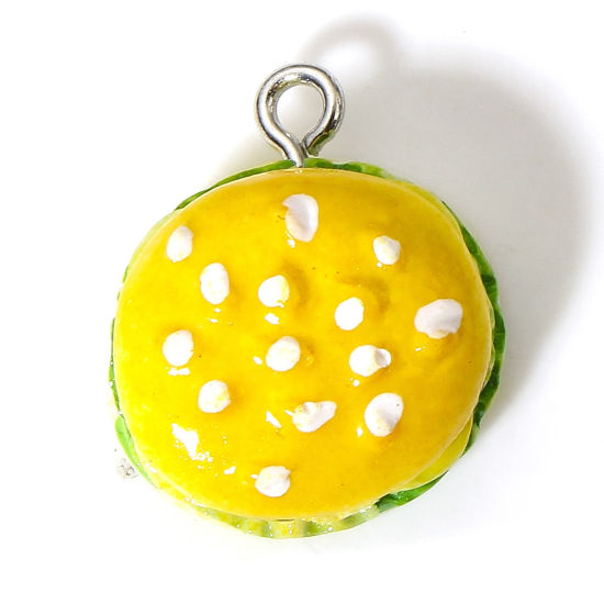 Picture of 10 PCs Resin Charms Hamburger Silver Tone Yellow 3D 20mm x 15mm