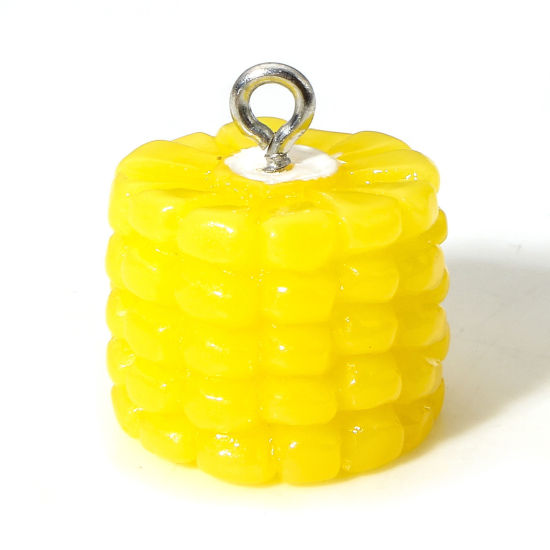 Picture of 10 PCs Resin Charms Corn Silver Tone Yellow 3D 18mm x 16mm