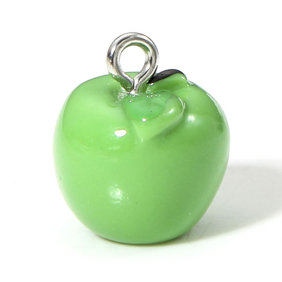 Picture of 10 PCs Resin Charms Apple Fruit Silver Tone Green 3D 14mm x 13mm