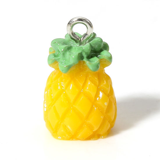 Picture of 10 PCs Resin Charms Pineapple/ Ananas Fruit Silver Tone Yellow 3D 18mm x 11mm