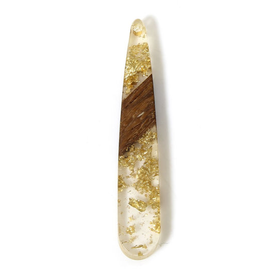 Bild von 5 Stück Holz-Effekt Harz Anhänger Golden Tropfen Folie 4.4cm x 0.8cm