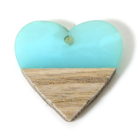 Picture of 2 PCs Natural Wood Effect Resin Charms Lake Blue Heart 25mm x 24mm