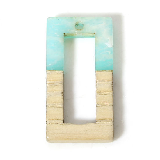 Picture of 2 PCs Natural Wood Effect Resin Charms Lake Blue Rectangle Hollow 28mm x 15mm