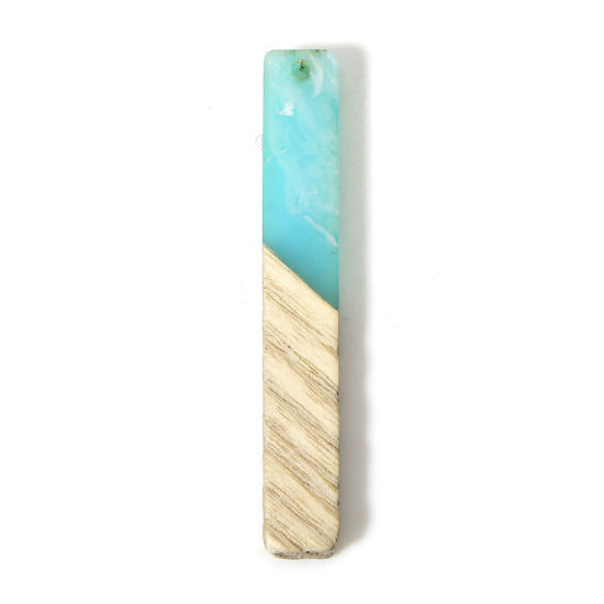 Picture of 2 PCs Natural Wood Effect Resin Pendants Lake Blue Rectangle 5.2cm x 0.8cm