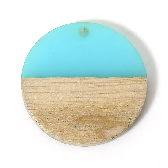 Picture of 2 PCs Natural Wood Effect Resin Charms Lake Blue Round 28mm Dia