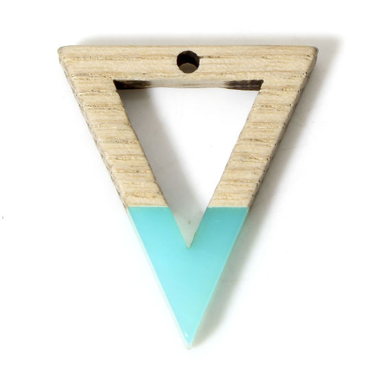 Picture of 2 PCs Natural Wood Effect Resin Charms Lake Blue Triangle Hollow 28mm x 24mm