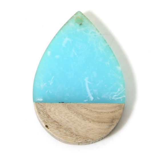 Picture of 2 PCs Natural Wood Effect Resin Pendants Lake Blue Drop 3.7cm x 2.5cm