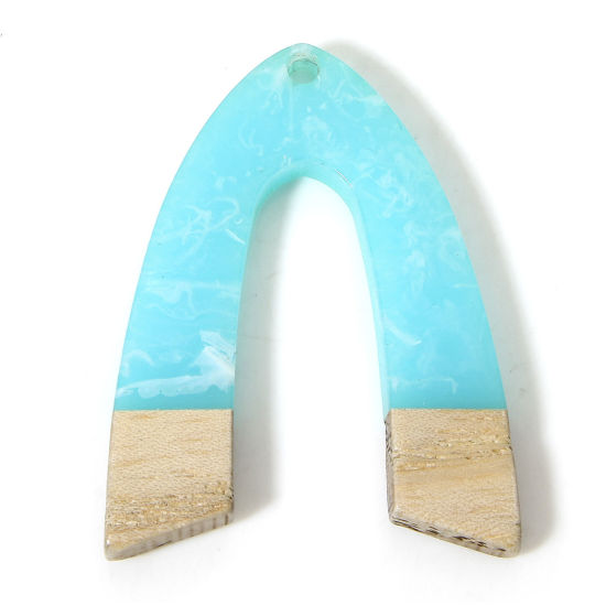 Picture of 2 PCs Natural Wood Effect Resin Pendants Lake Blue Arched 3.8cm x 2.9cm