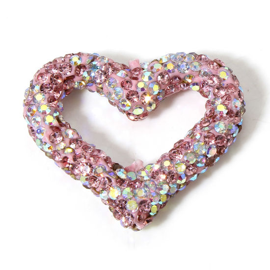 Picture of 1 Piece Polymer Clay Valentine's Day Beads For DIY Charm Jewelry Making Heart Pink AB Color Rhinestone About 3.4cm x 2.9cm, Hole: Approx 1.2mm