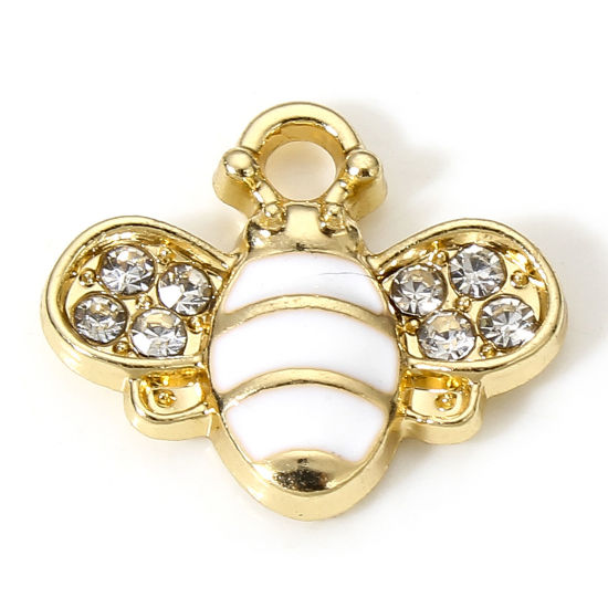 Picture of 10 PCs Zinc Based Alloy Insect Charms Gold Plated White Bee Animal Enamel Clear Rhinestone 15mm x 13mm