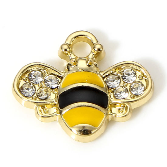 Picture of 10 PCs Zinc Based Alloy Insect Charms Gold Plated Yellow Bee Animal Enamel Clear Rhinestone 15mm x 13mm