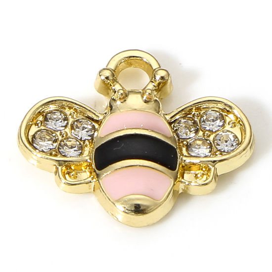 Picture of 10 PCs Zinc Based Alloy Insect Charms Gold Plated Pink Bee Animal Enamel Clear Rhinestone 15mm x 13mm