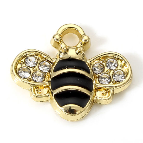 Picture of 10 PCs Zinc Based Alloy Insect Charms Gold Plated Black Bee Animal Enamel Clear Rhinestone 15mm x 13mm